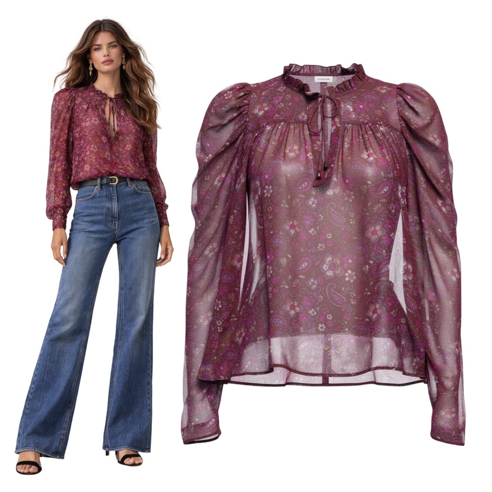 $375 ULLA JOHNSONRenly Printed Silk-chiffon Blouse In Purple Sz 8 - Medium
